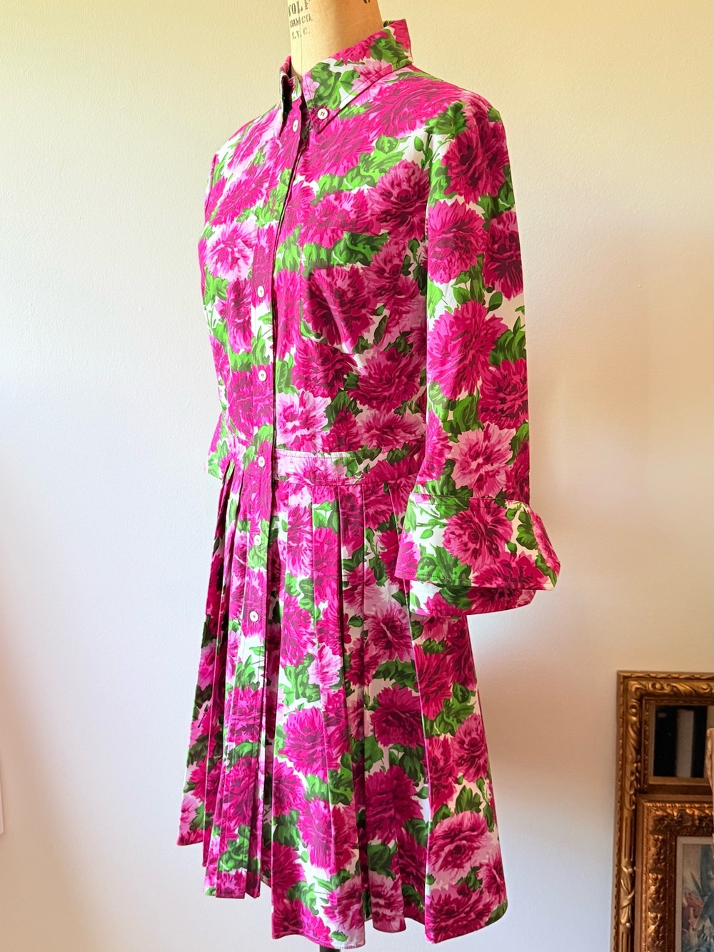 Michael Kors Collection Floral Pink and Green Pleated Skater Dress - Picture 6 of 8